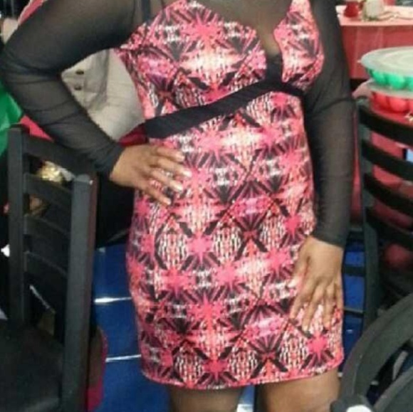 Red Bodycon Dress With Black Mesh Sleeves-Juniors - Picture 1 of 3